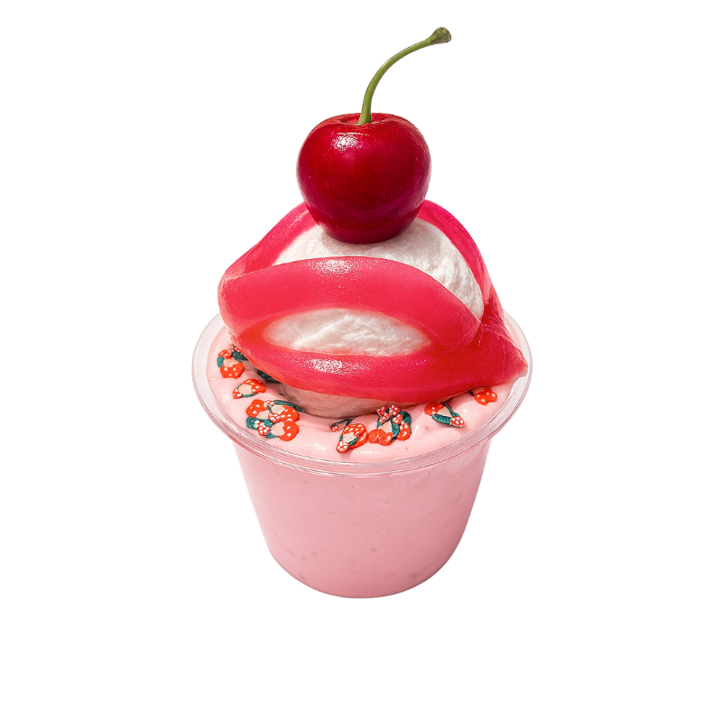 Cherry Dreams thick and glossy cherry-scented slime with clay ice cream topper and cherry charm